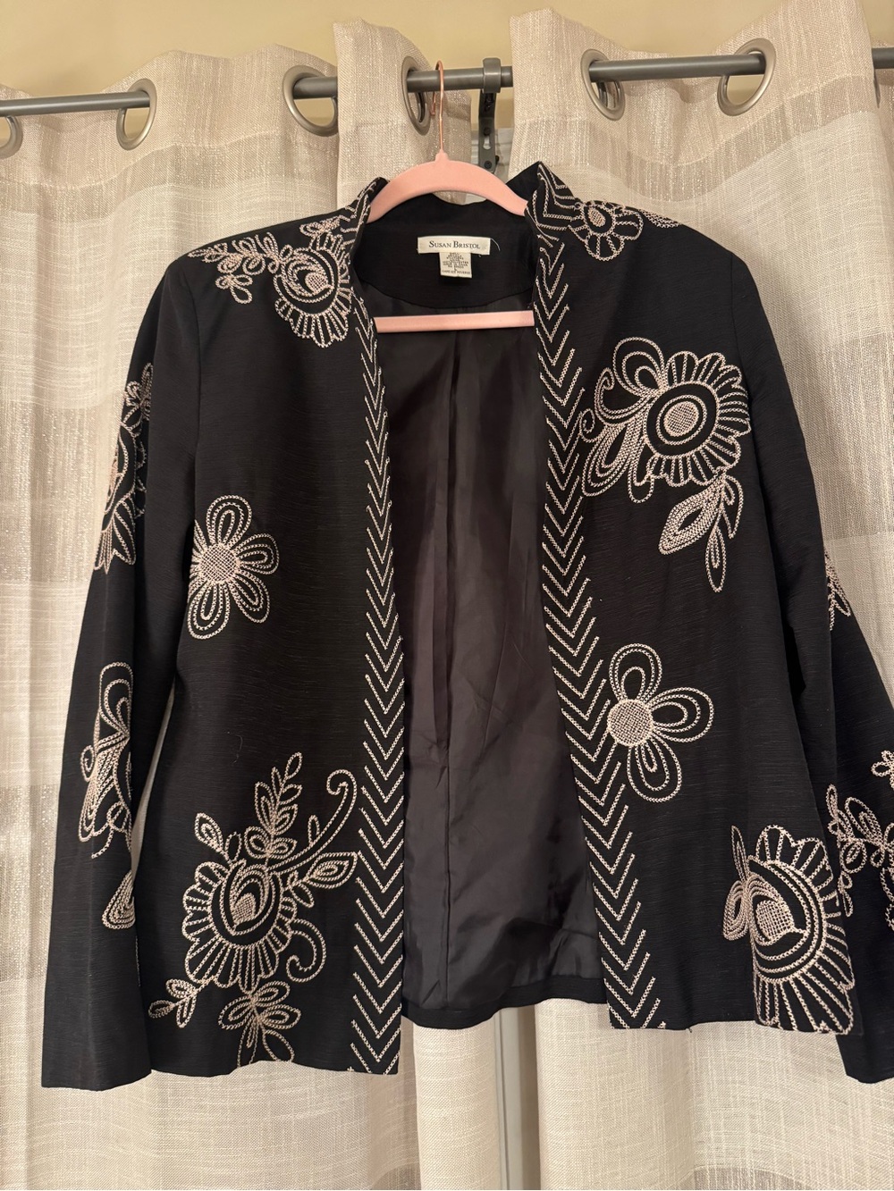 Susan Bristol Silk Shell Black Jacket with Cream Floral Embroidery